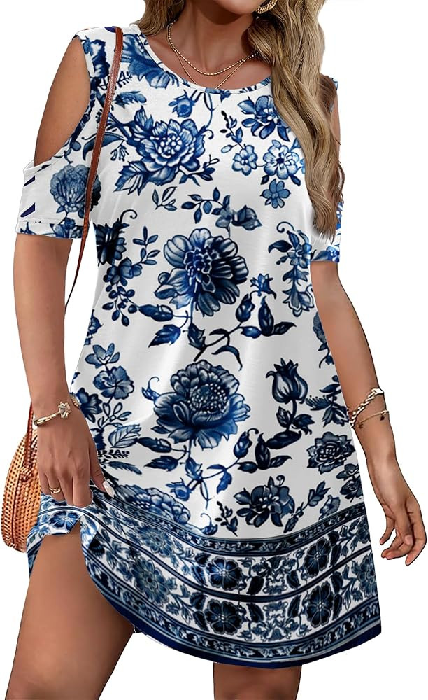 IN'VOLAND Women's Plus Size Summer Dress Short Sleeve Beach Floral Crew Neck Casual Mini Dresses ... | Amazon (US)
