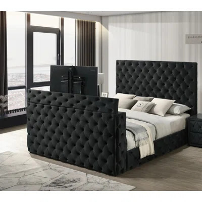 1Pc Luxurious King Size Bed Deeply Tufted Headboard Nail Head Trim Upholstered Black Velvet Footboard Integrated Television Lift Mechanism Storage Fur | Wayfair North America