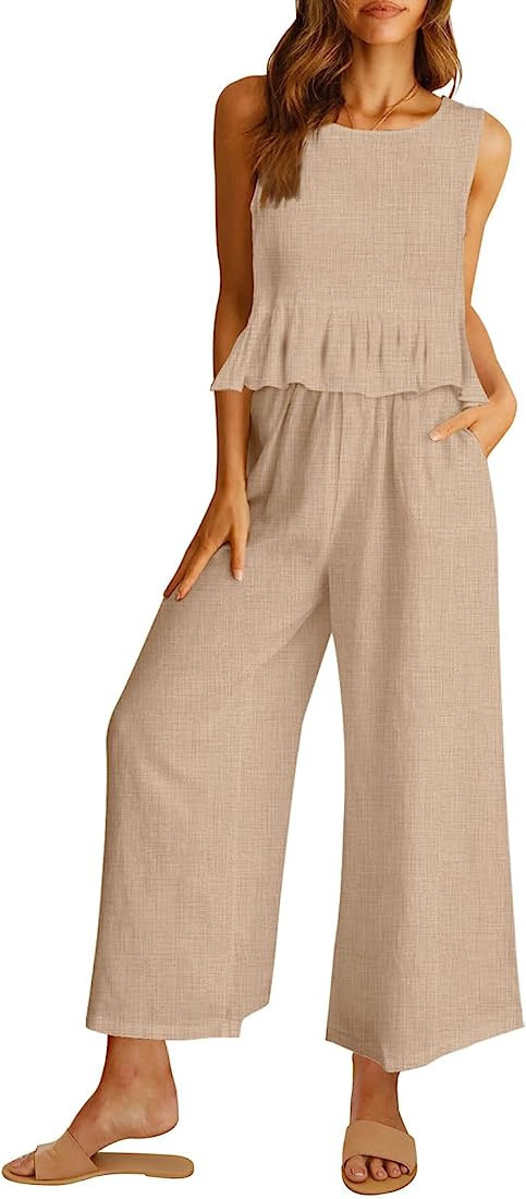 AUTOMET Women's Summer 2 Piece Outfits Linen Crop Tank Top Lounge Matching Sets & Long Pants Trac... | Amazon (US)