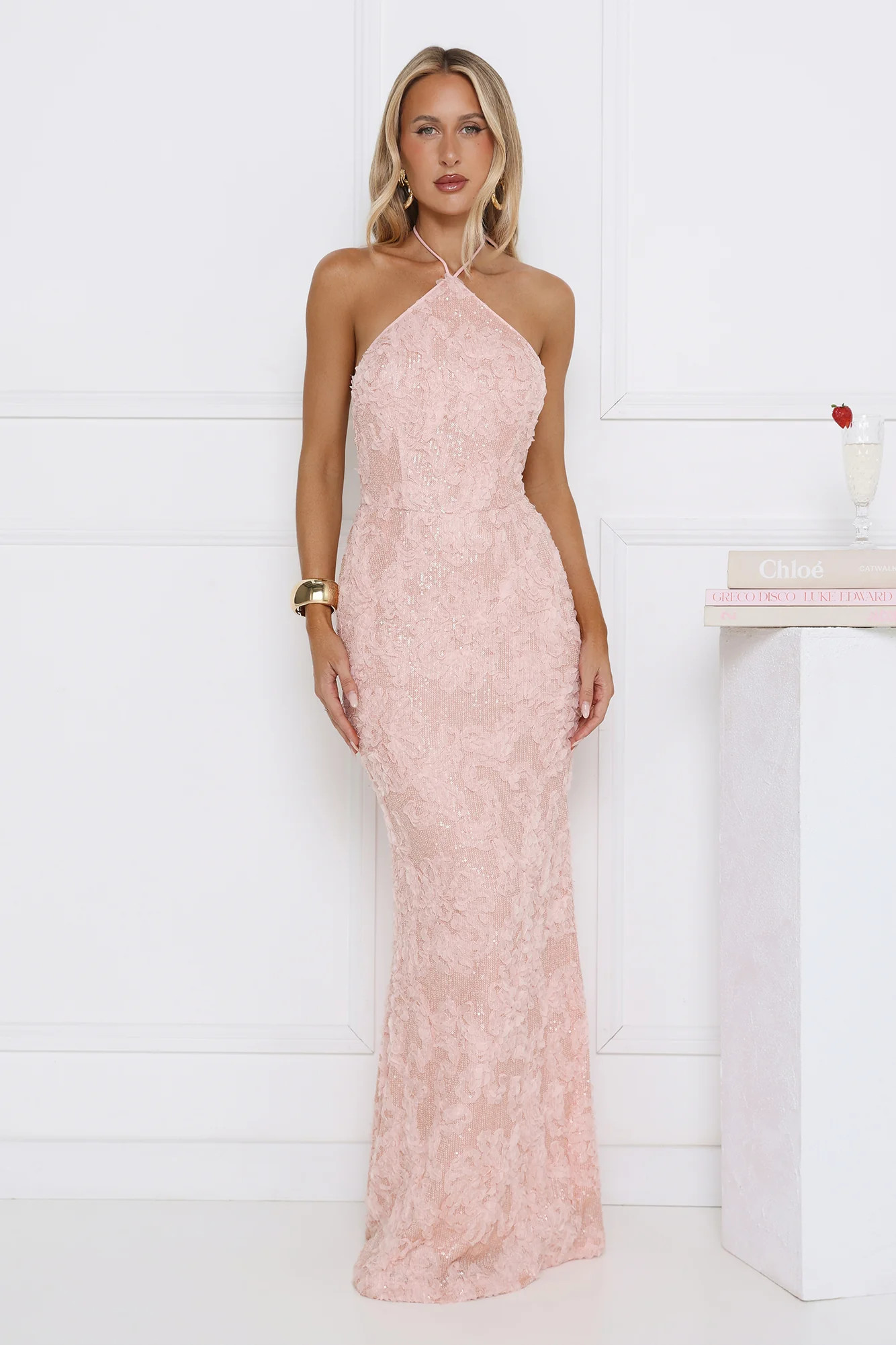 The Sparkling Muse Sequin Halter Maxi Dress Pink | Hello Molly (US)