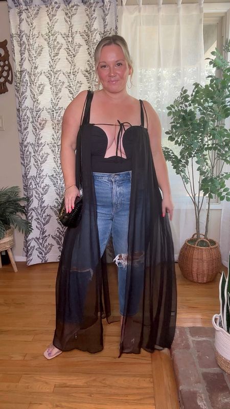 Summer date night outfit 
Size large in Free People bodysuit and have plenty of room and length. Adjustable straps but still have a lot of length. 
Jeans size 14 x short
Duster is one size 
Heels run tts and are super comfy 

Summer outfit, Vegas outfit, concert outfit, midsize style

#LTKMidsize #LTKSeasonal #LTKOver40