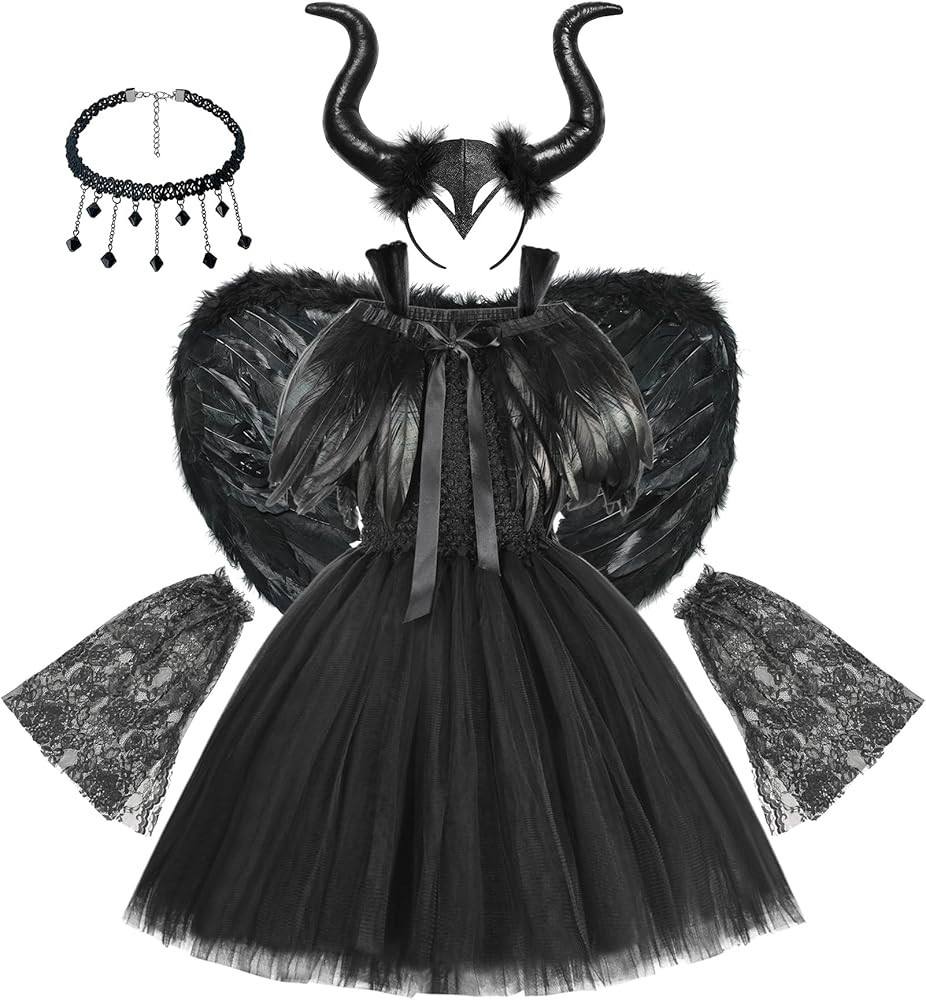 3-12 Years Girls Dress Princess Lace Tutu Tulle Dresses for Halloween with Demon Horns Feather Ca... | Amazon (US)