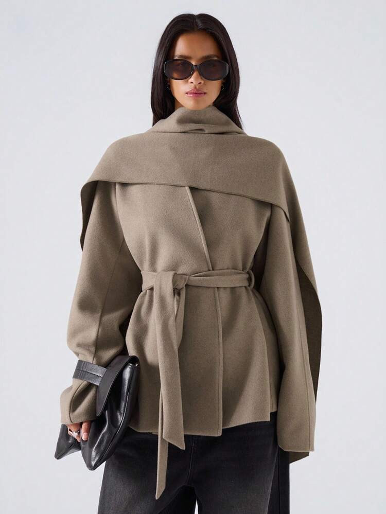 LYSMO 2025 New Arrive Minimalism Fall Women's Solid Color Long Sleeve Overcoat With Waist Tie Scarf Design, Autumn/Winter, | SHEIN