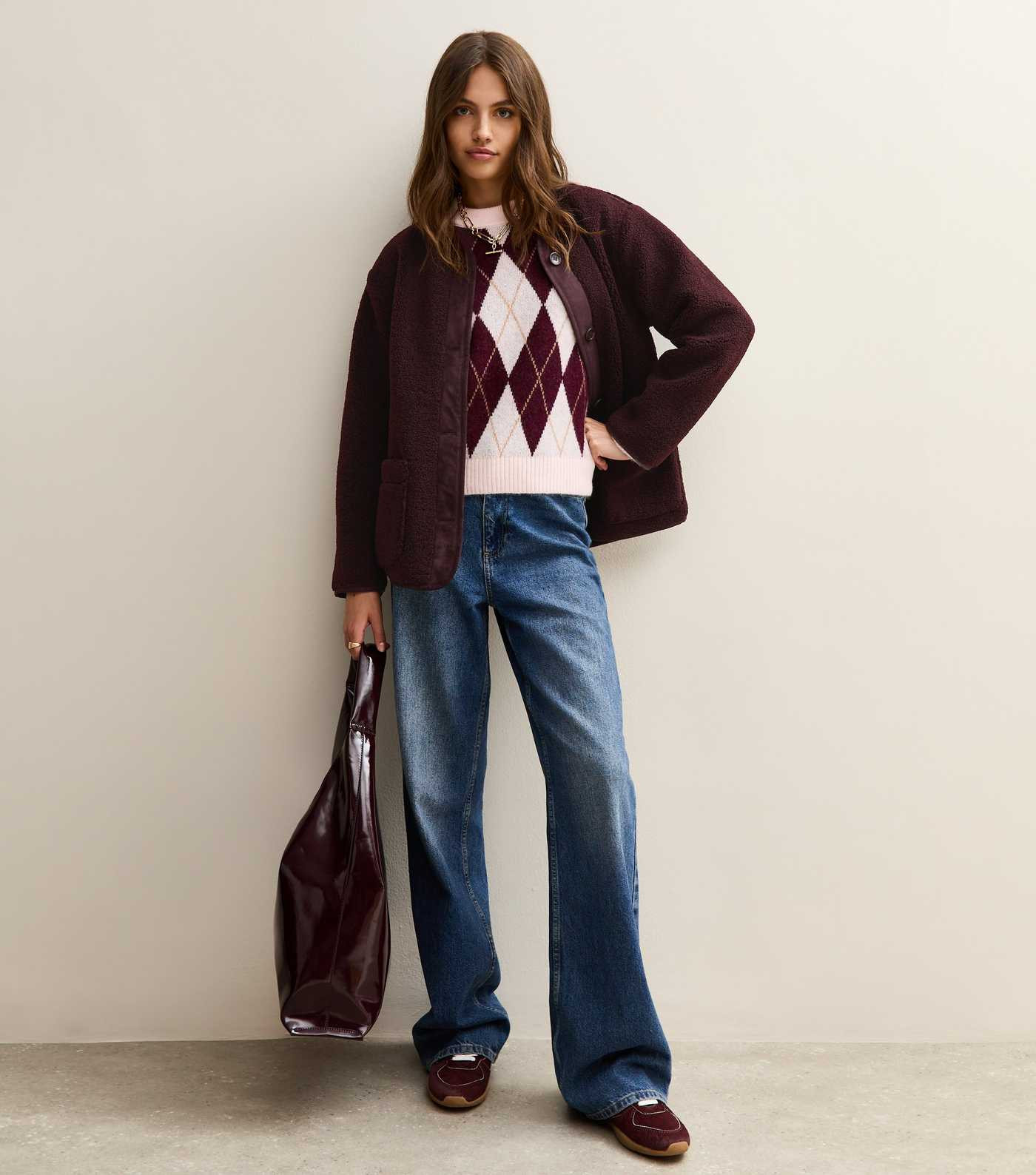 Dark Burgundy Borg Button Through Jacket | New Look | New Look (UK)