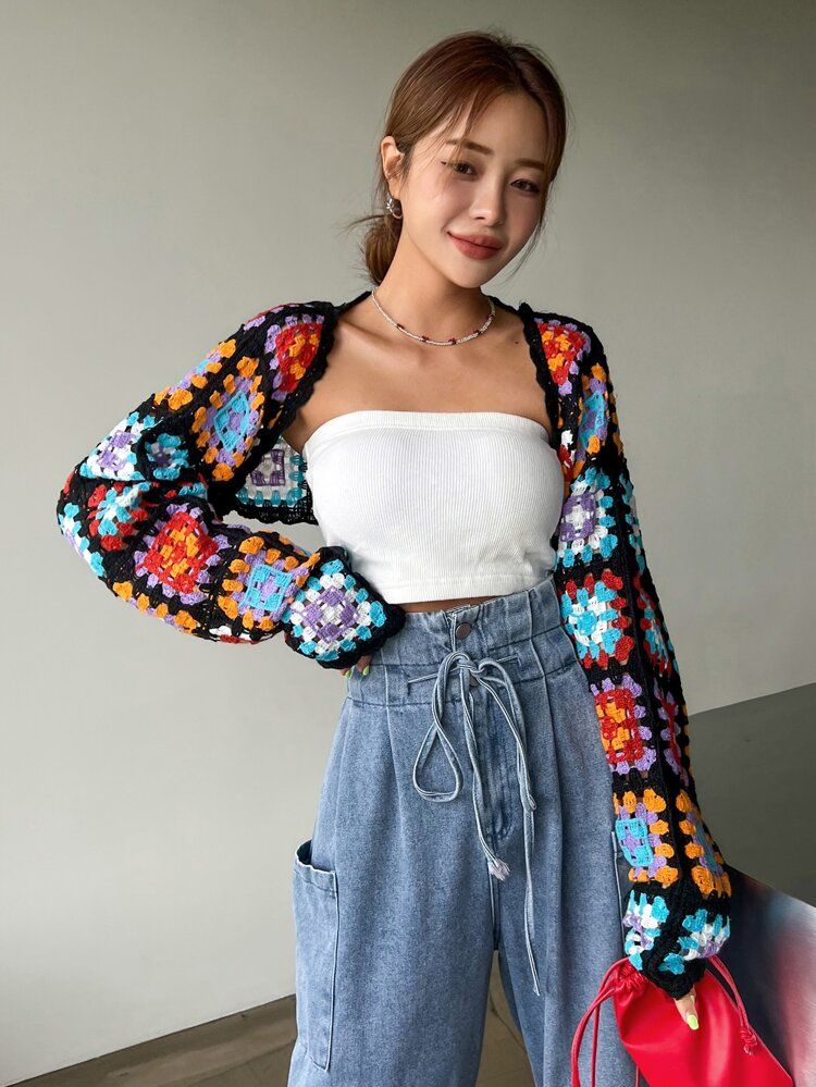 DAZY Geo Crochet Shrug Cardigan | SHEIN