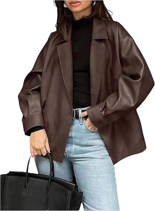 SHENHE Women's Faux Leather Lapel Collar Blazer Open Front Oversized Business Work Jacket Blazer | Amazon (US)