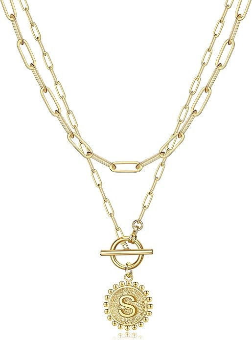 Gold Layered Initial Necklaces for Women, 14K Gold Plated Dainty Layering Paperclip Link Chain Ne... | Amazon (US)