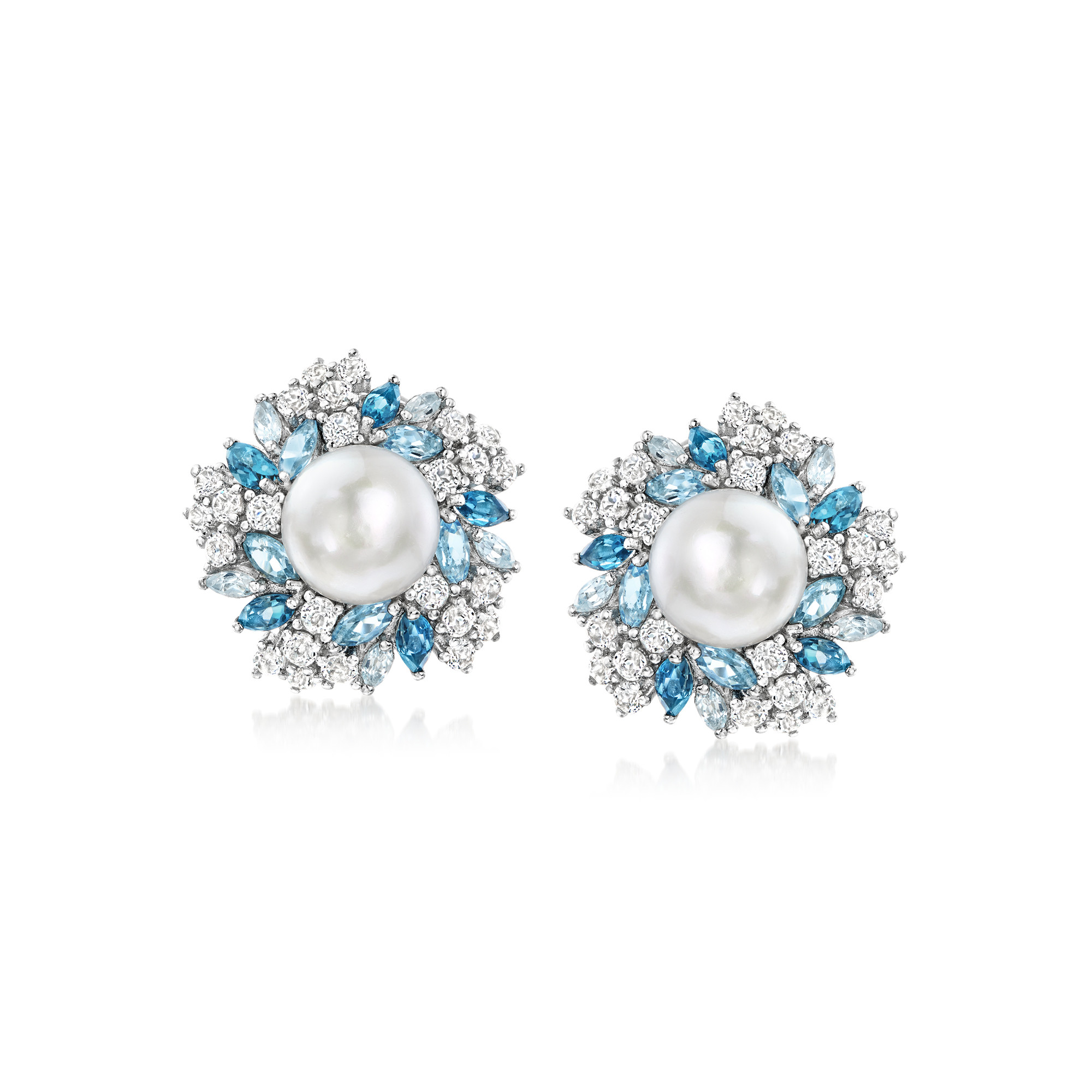 8.5-9mm Cultured Pearl and 3.70 ct. t.w. Tonal Blue and White Topaz Earrings in Sterling Silver | Ross-Simons