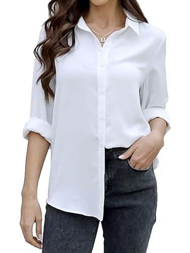 RCL Women's Button Down Shirts Long Sleeve Blouses Casual Collared Chiffon Dress Shirts V Neck Tops Office Work Shirts Pure White | Amazon (US)