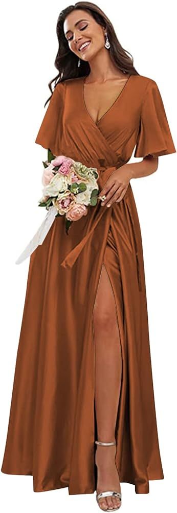 OFEECHUN Women's V Neck Satin Bridesmaid Dresses with Sleeves Slit A Line Long Formal Dress Party... | Amazon (US)