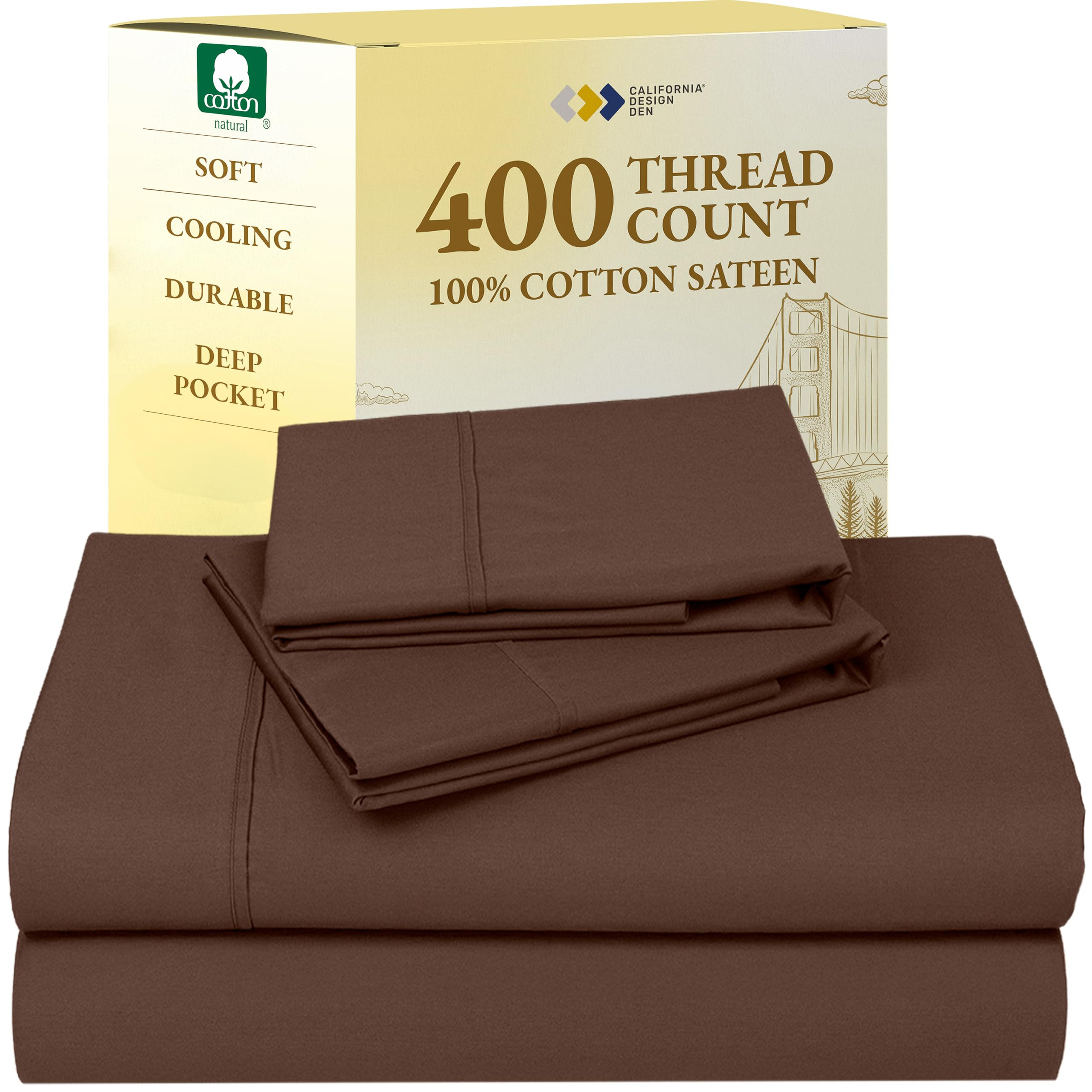 California Design Den Queen Sheet Set - Soft 400 Thread Count Sateen, Natural 100% Cotton Sheets ... | Amazon (US)