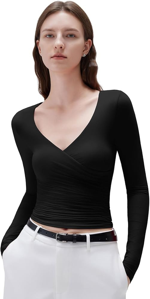 SUUKSESS Women Sexy V Neck Long Sleeve Shirts Double Lined Wrap Going Out Tops | Amazon (US)