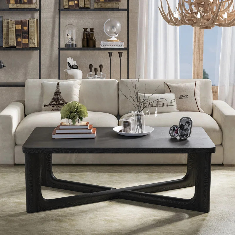 Ichika Rectangle Wood Coffee Table with Oak Tabletop with Cross Base | Wayfair North America