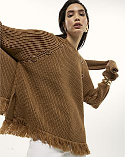 Brown Knitted Long Sleeve Fringed Hem Jumper | River Island UK & IE