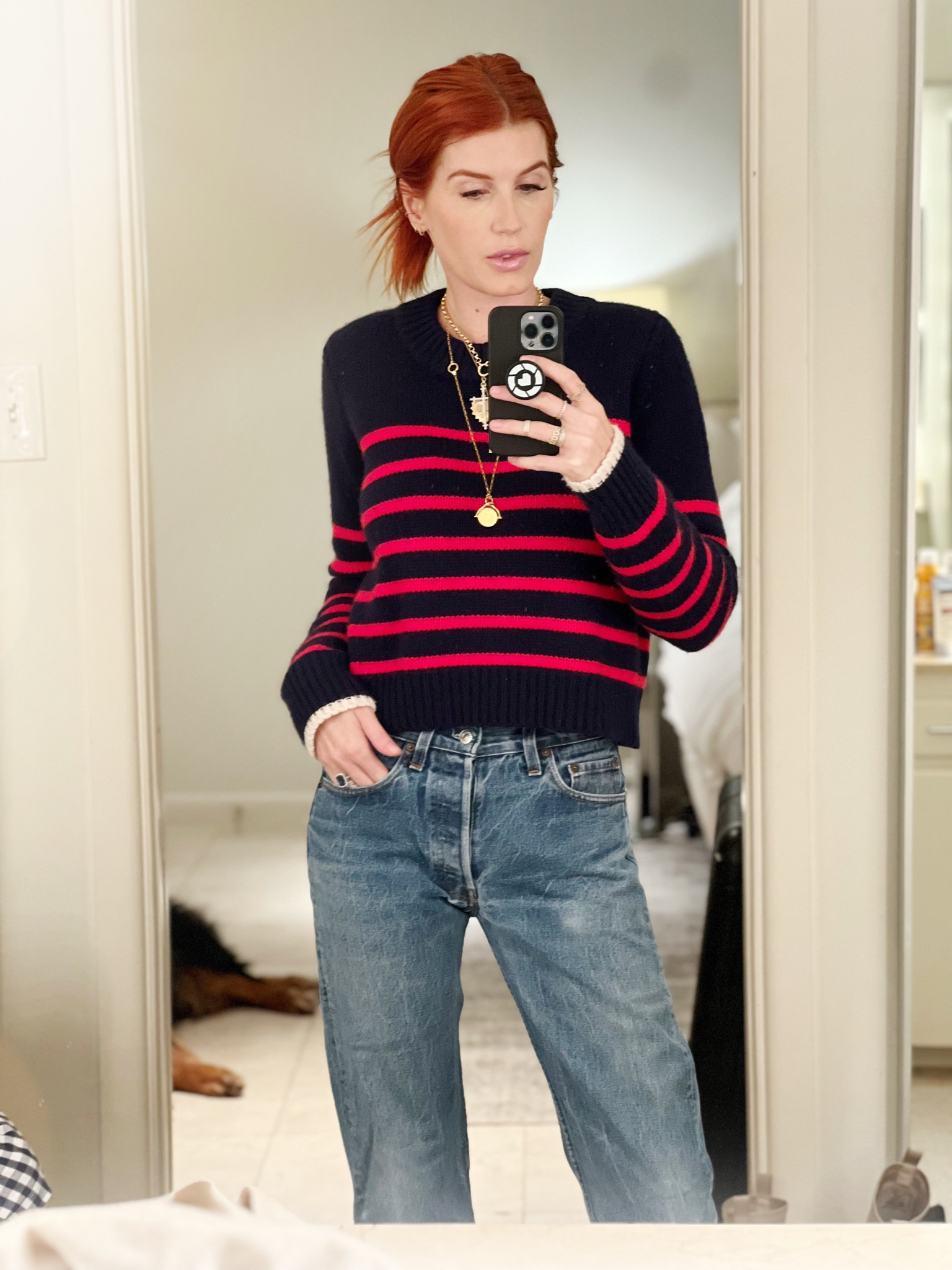 Tonight Baxter and I had a casual date night and I wore a classic sweater that I bought years ago and some vintage jeans. Layering the gold necklaces makes it a classic look. 

#LTKU #LTKSeasonal #LTKworkwear
