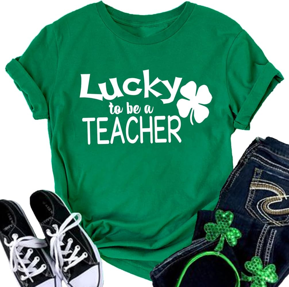 Teacher St Patricks Day Shirt Womens Letter Print Gift Tee for Teachers Funny Short Sleeve Tops | Amazon (US)