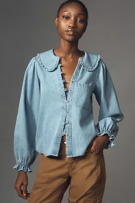 The Keira Light-Denim Long-Sleeve Blouse by Pilcro | Anthropologie (US)