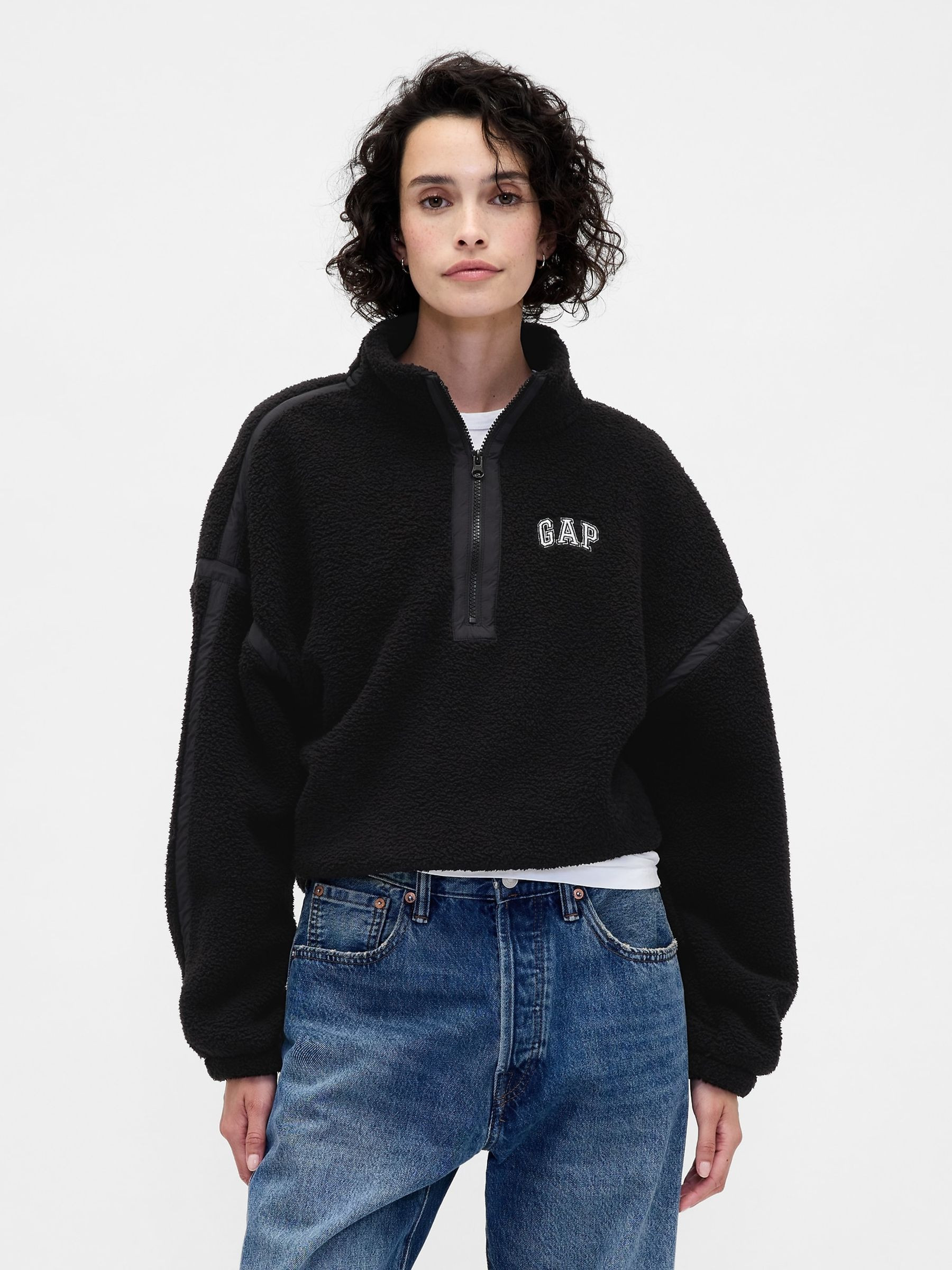 Black Oversized Cropped Sherpa Half-Zip Fleece | Gap | GAP UK