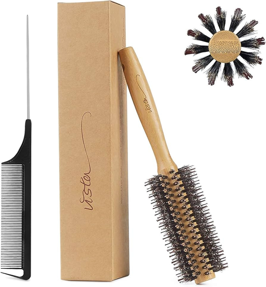 Vista Round Brush Bamboo with Pin Tail Comb Natural Boar Bristle Hair Brush Round for Blow Drying... | Amazon (US)