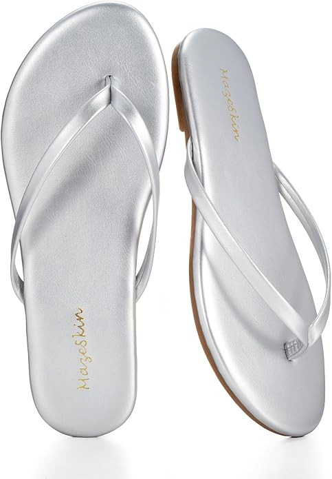 mazeskin Women's Memory Foam Comfortable Flat Thong Sandals Dressy Summer Beach Leather Slide Fli... | Amazon (US)