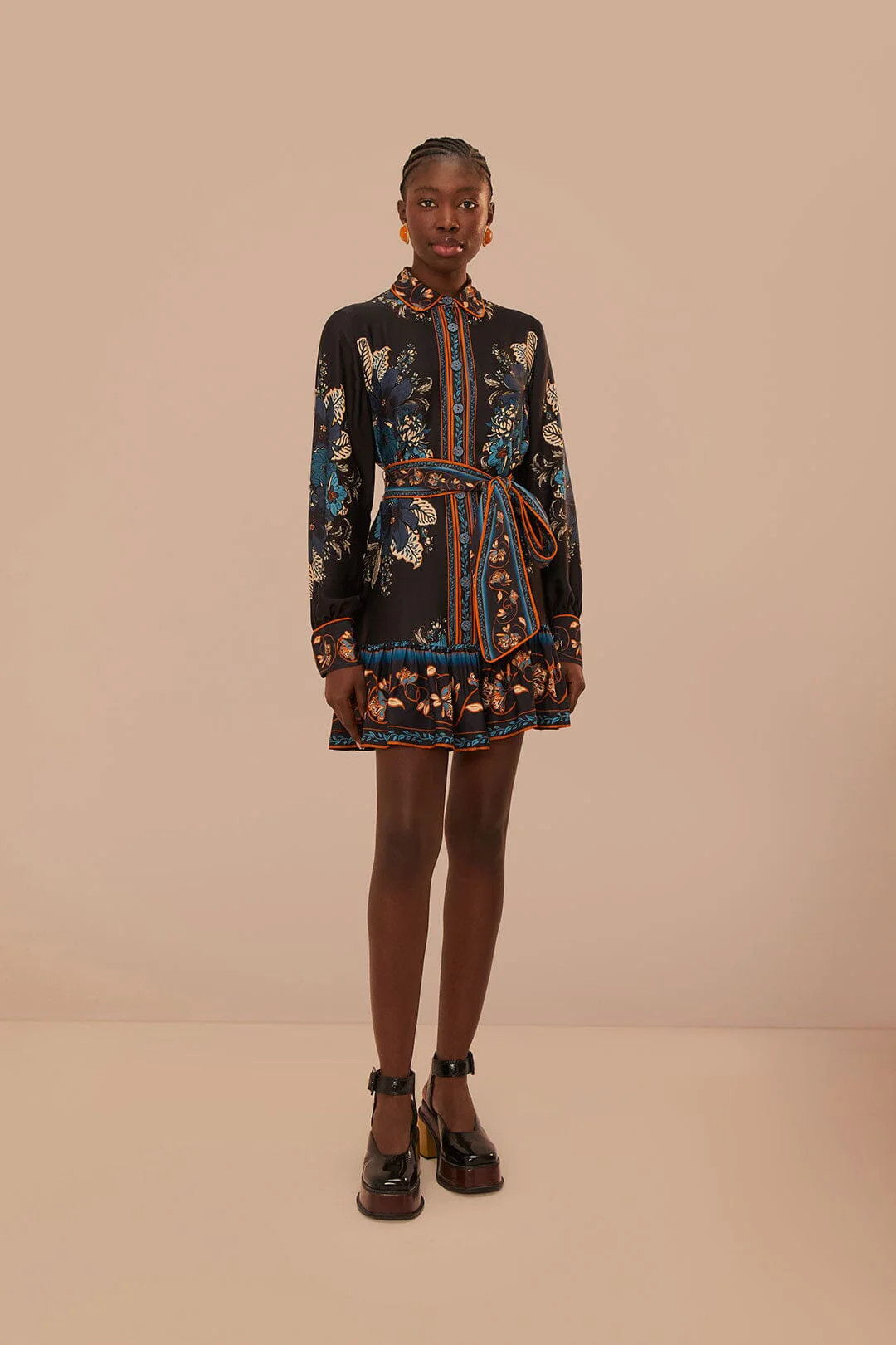 Black Blossom Tapestry LENZING™ ECOVERO™ Viscose Mini Dress | FarmRio (US)