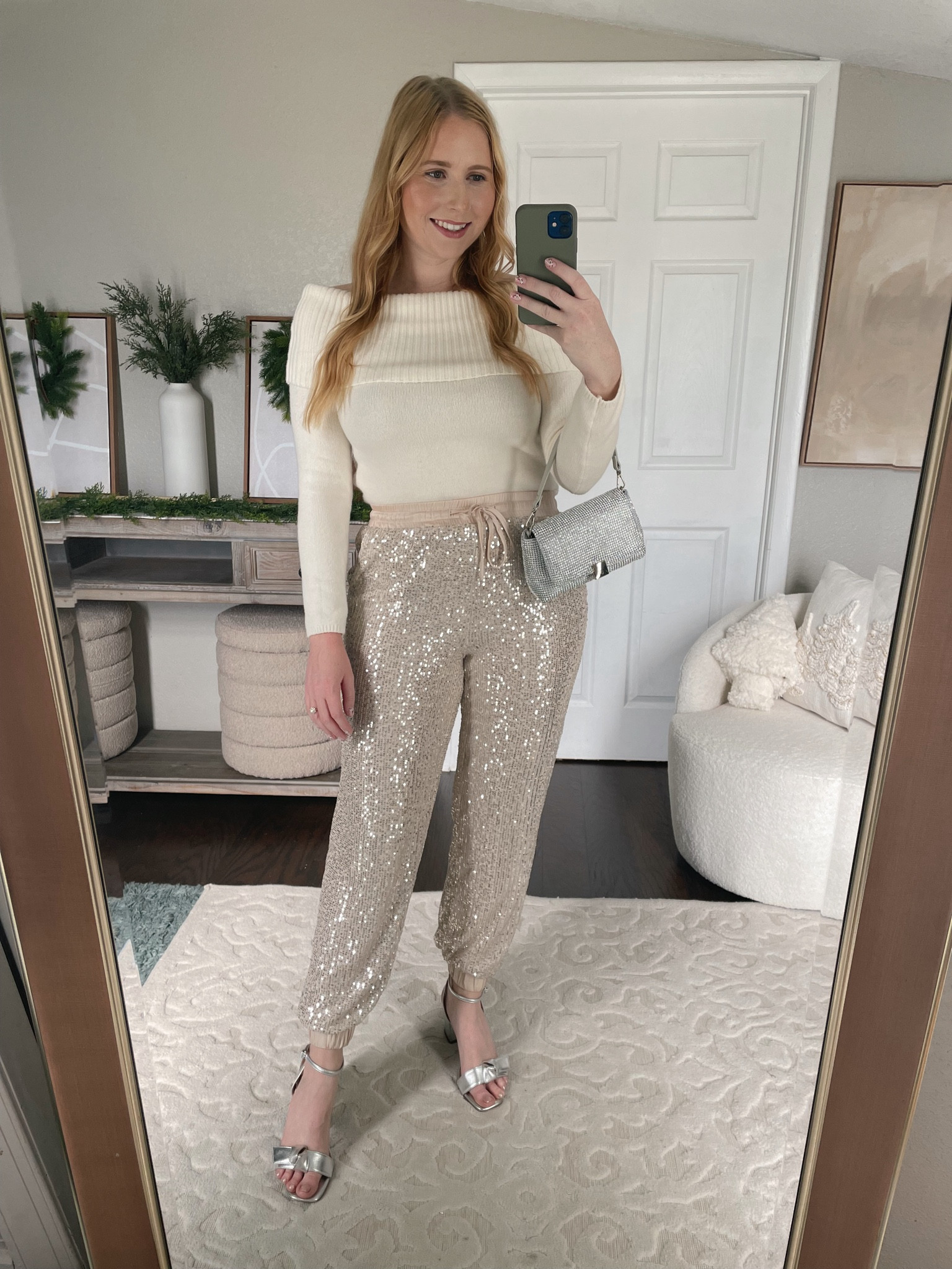 Off the shoulder sweater (size small) with sequin joggers (size m)

#LTKparties #LTKmidsize #LTKHoliday