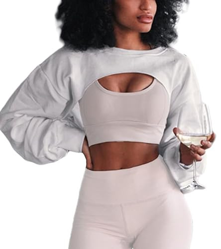 Hilinker Women's Crewneck Long Sleeve Crop Top Casual Loose Cropped Sweatshirt Workout Gym White Large | Amazon (US)