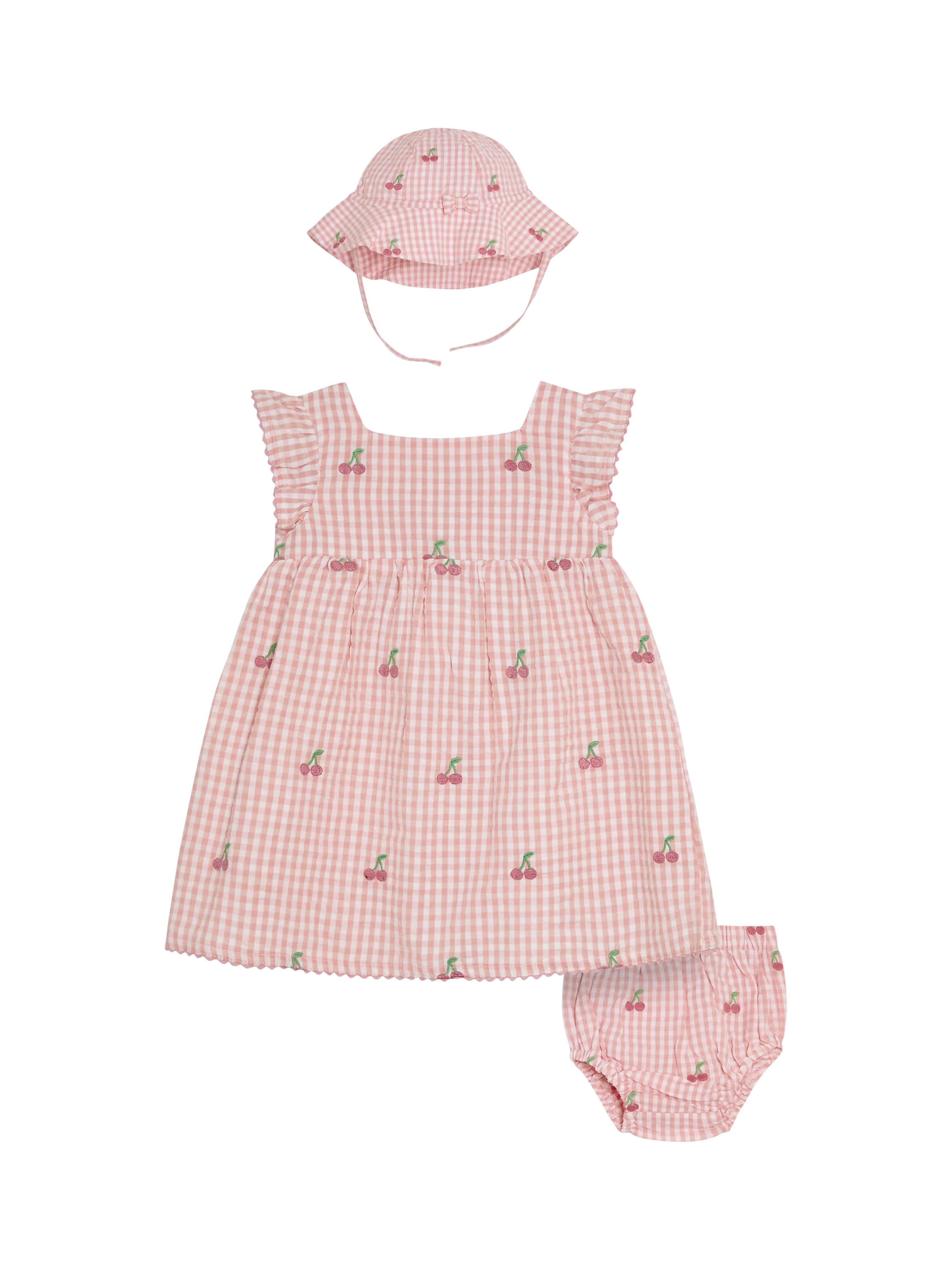 JoJo Maman Bébé Baby Cotton Cherry Embroidered Dress, Bloomers & Hat, Pink Set | John Lewis (UK)
