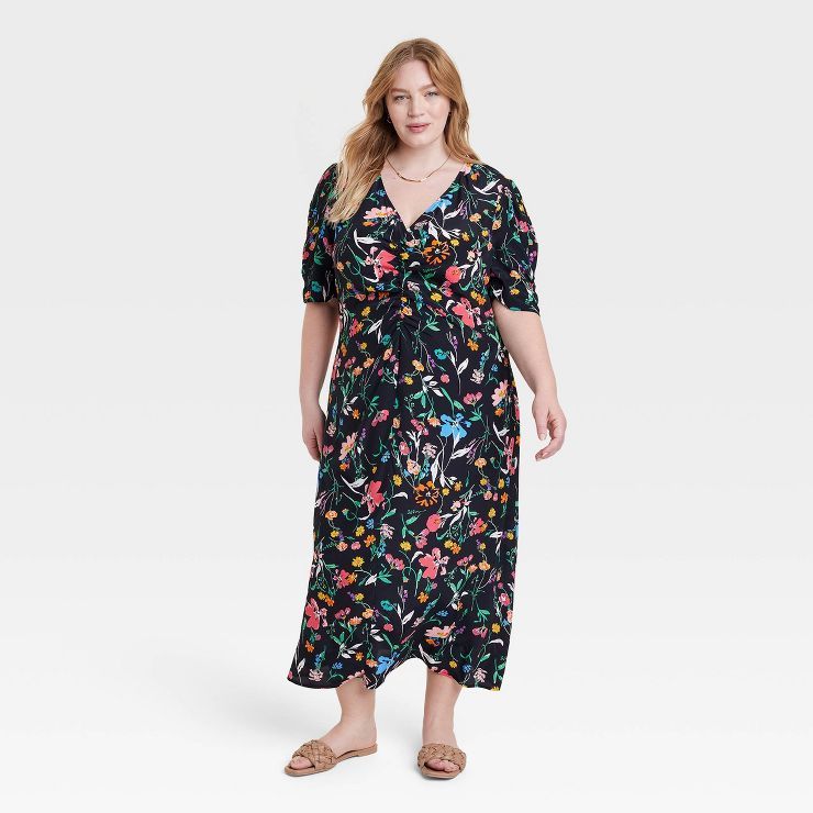 Women's Puff Short Sleeve Ruched A-Line Dress - A New Day™ Black Floral | Target