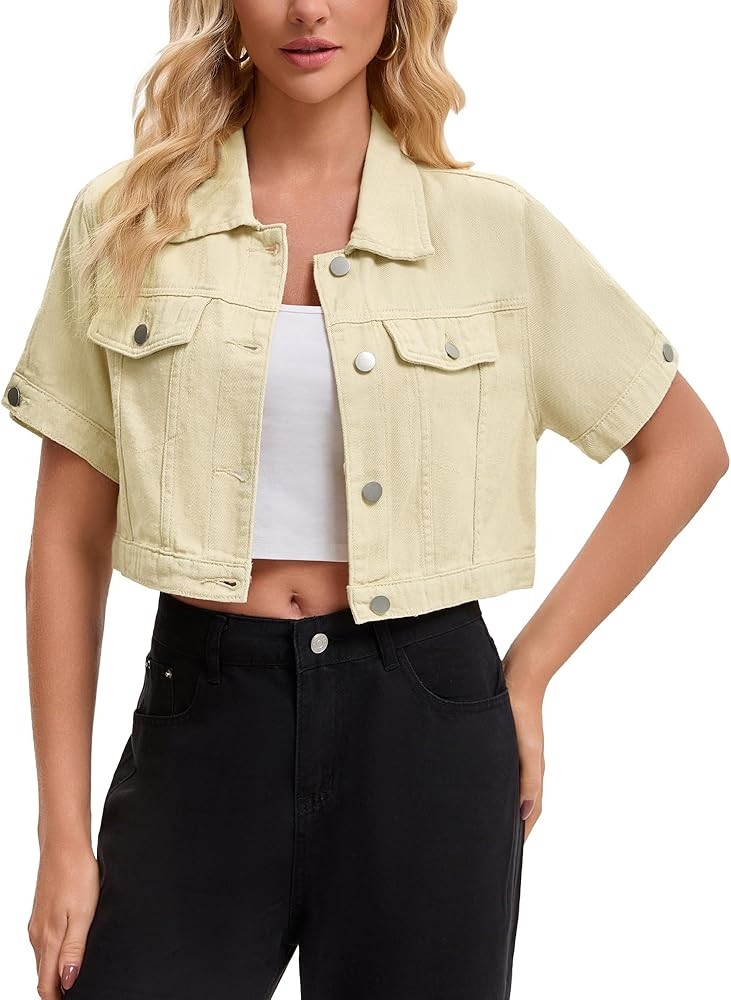 Women's Short Sleeve Denim Jacket Trendy Classic Casual Summer Cropped Jean Jacket | Amazon (US)