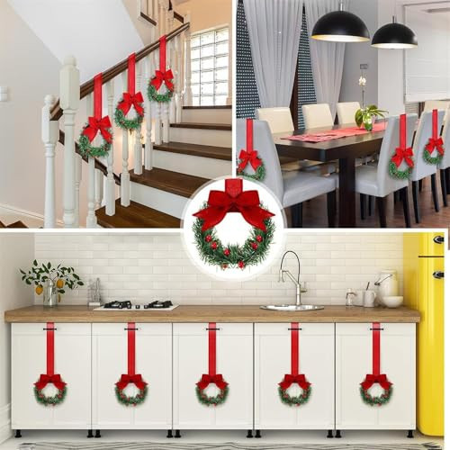 12 PCS Christmas Wreath Decorations, Mini Christmas Cabinet Wreaths with Red Ribbon Mini Hanging Christmas Wreath Xmas Wreaths Christmas Door Wreath for Front Door Porch Wall Window Kitchen Decor | Amazon (US)