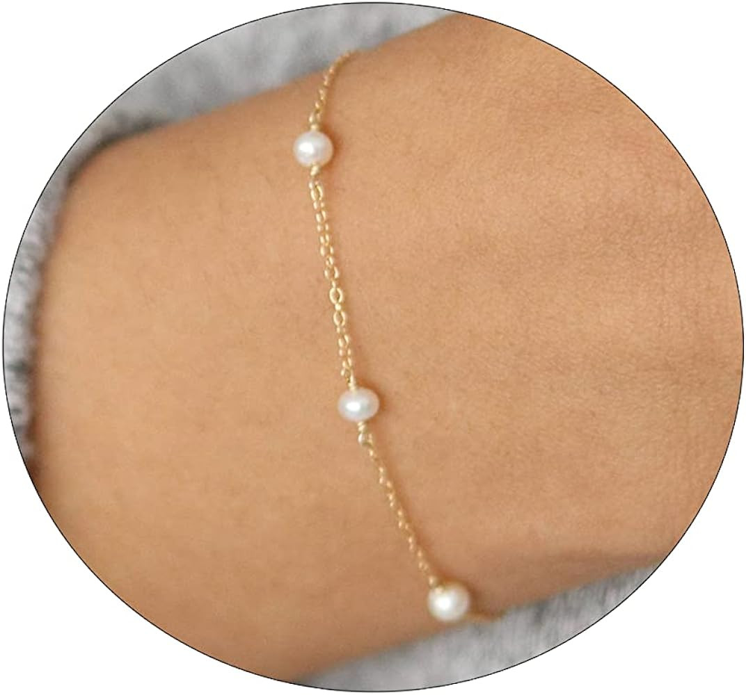 18K Gold Pearl Beaded Chain Bracelets for Women Adjustable Stainless Steel Dainty Thin Gold Box C... | Amazon (US)