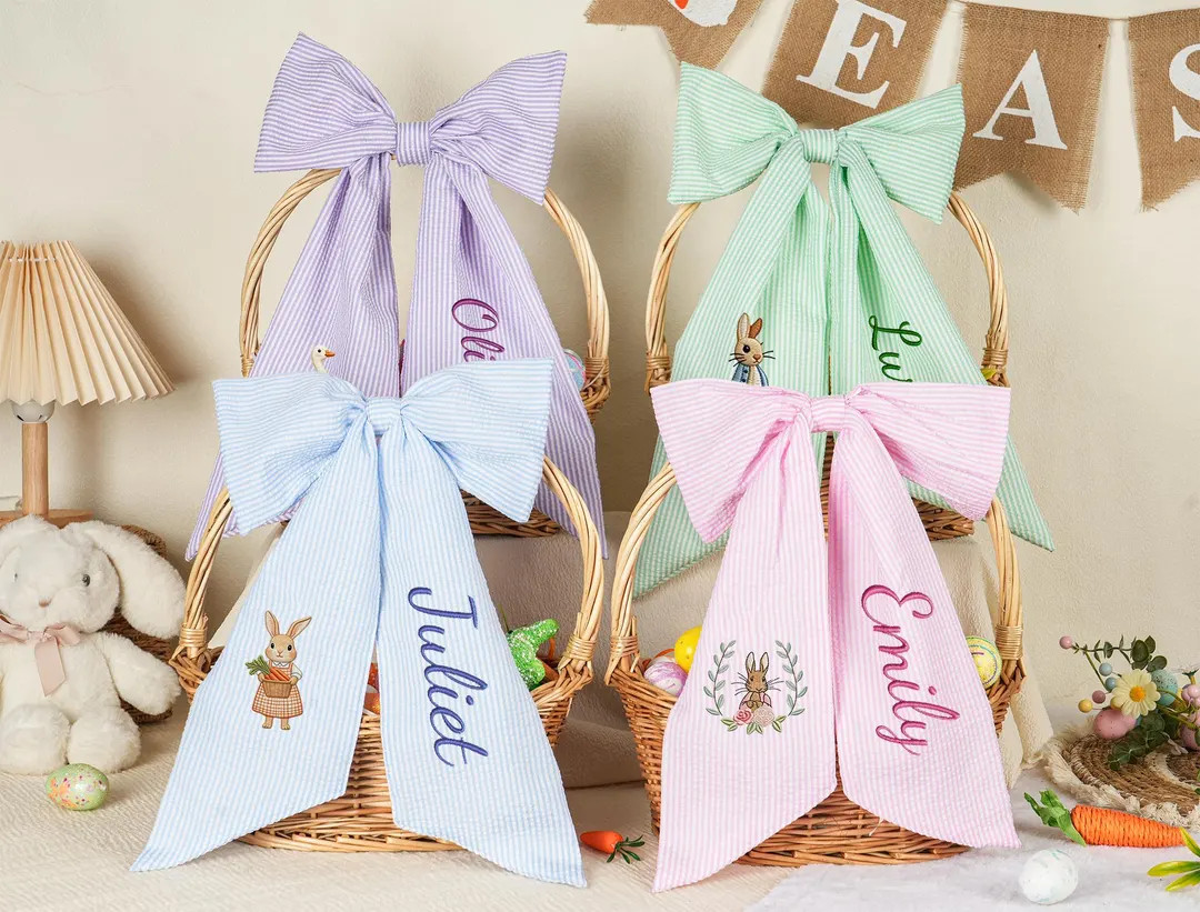 Personalized Seersucker Easter Basket Bow, Monogrammed Handle Decoration Ribbon | Etsy (US)