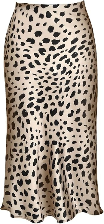 Womens Leopard Print Skirt Midi Long Length Silk Satin High Waist Elastic Skirts | Amazon (US)