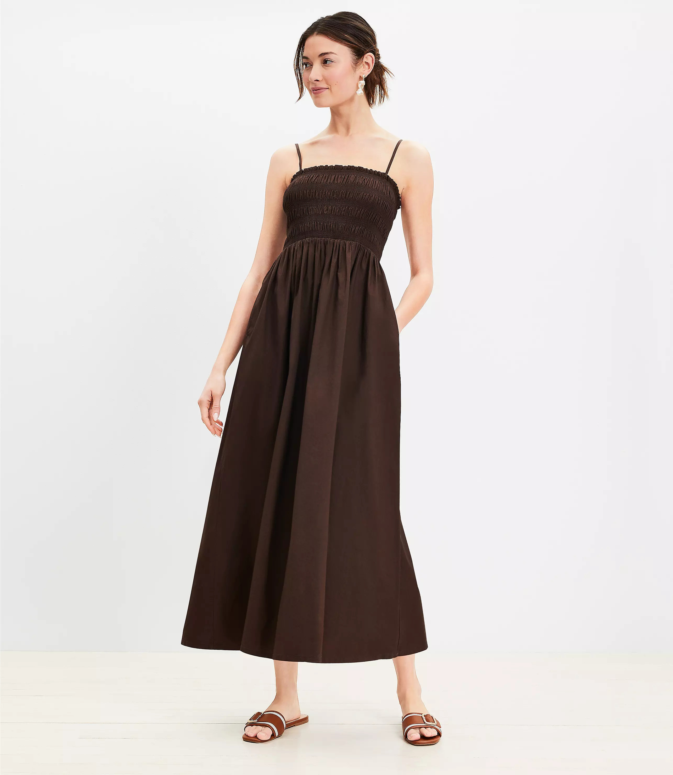 Petite Poplin Smocked Strappy Maxi Dress | LOFT