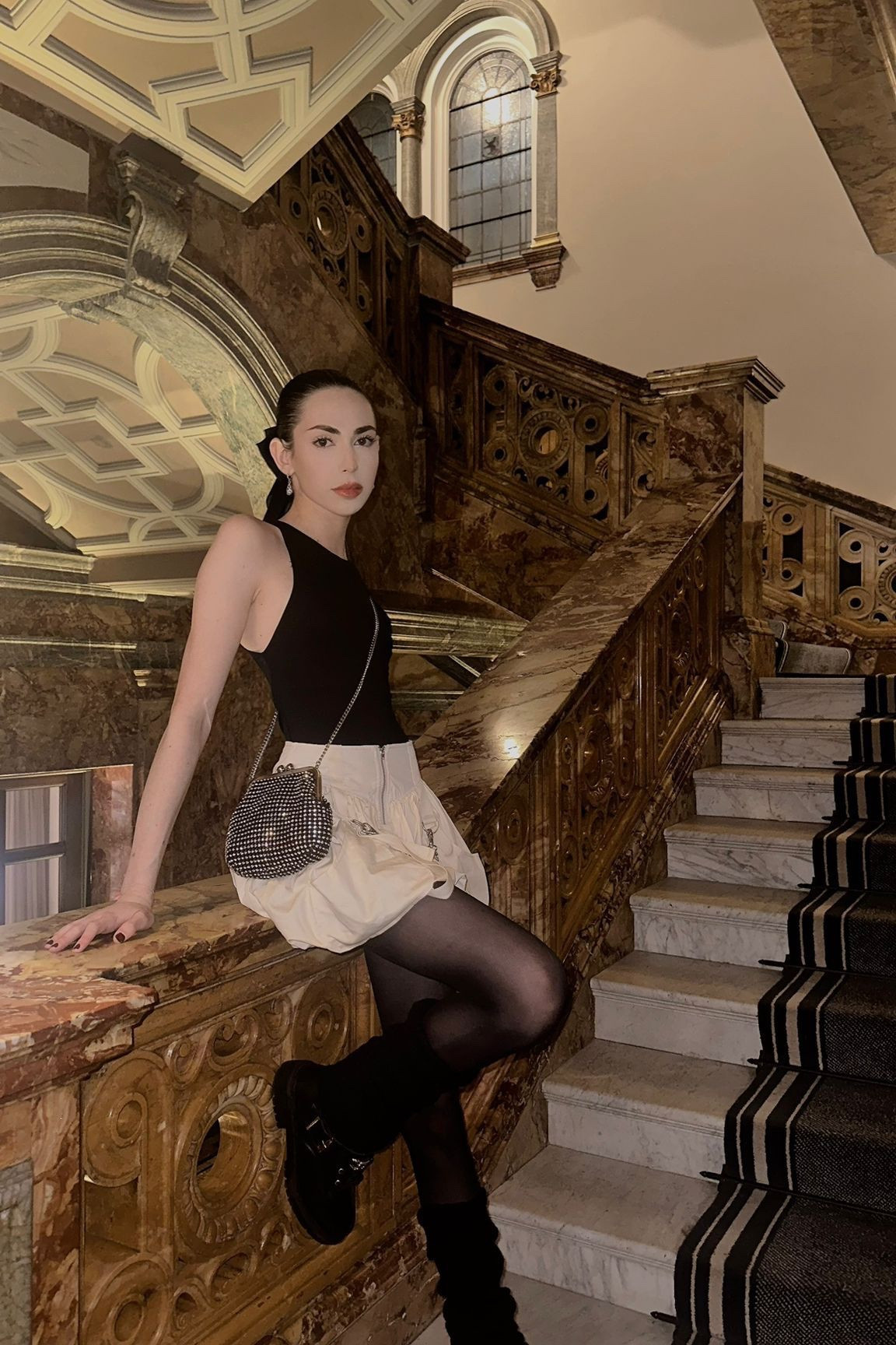 Black hair bow, mini puffball skirt, denim skirt, rhinestones crossbody bag, black high neck bodysuit, urban outfits, skims 

#LTKstyletip #LTKeurope #LTKSeasonal