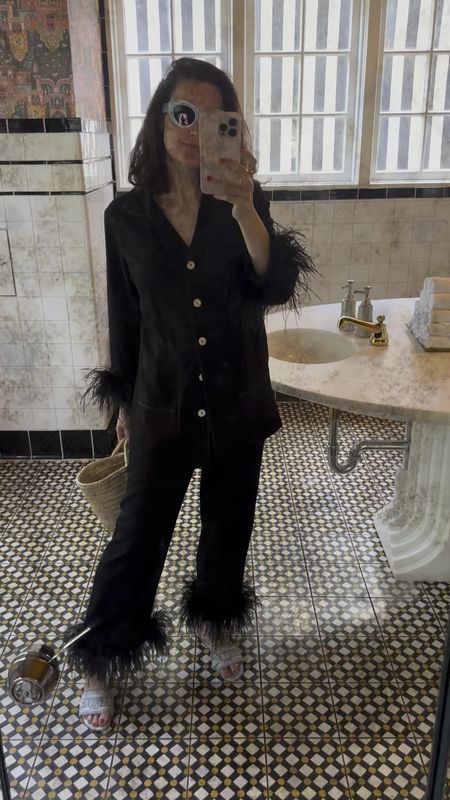 what I wore to breakfast at the mansion every morning ☕️ feather pajama set runs true to size- I did the medium to have it a bit oversized  