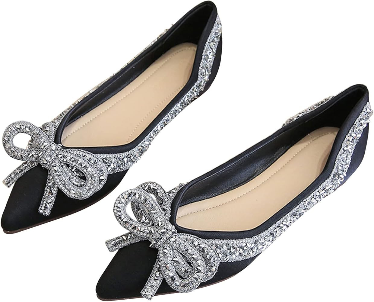 SAILING LU Cute Bowknot Ballet Flats for Women Pointed Toe Crystals Shoes Comfort Light Weight Lo... | Amazon (US)