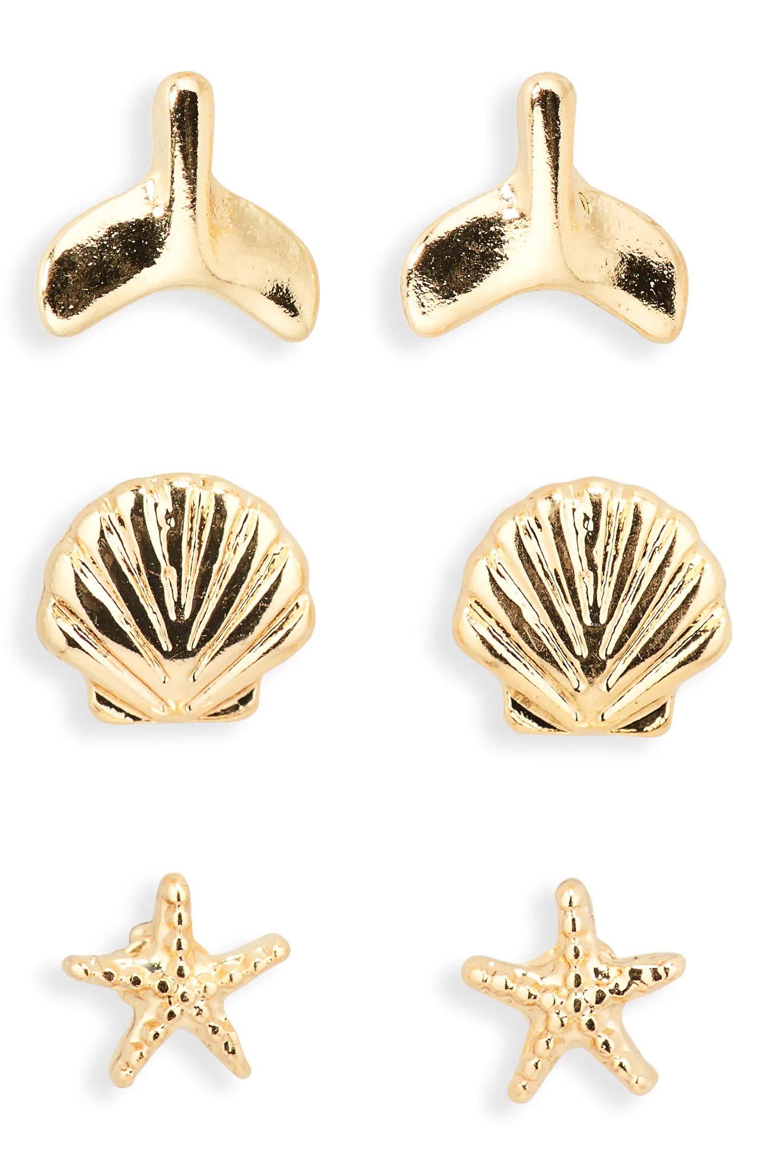 Set of 3 Fin, Shell & Starfish Stud Earrings | Nordstrom