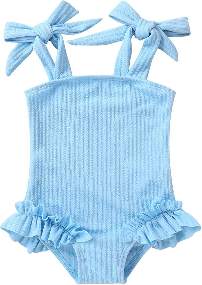 Happy Town Toddler Swimsuit Girl Solid Color Stripe One-Piece Baby Bathing Suits | Amazon (US)