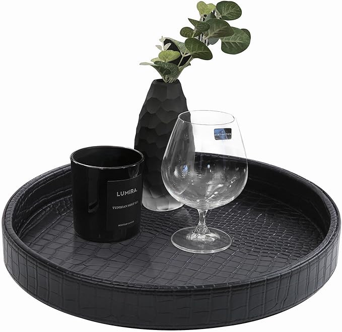 HofferRuffer Faux Leather Round Serving Tray, Vegan Croco Leather Decorative Tray, Food Tray for ... | Amazon (US)