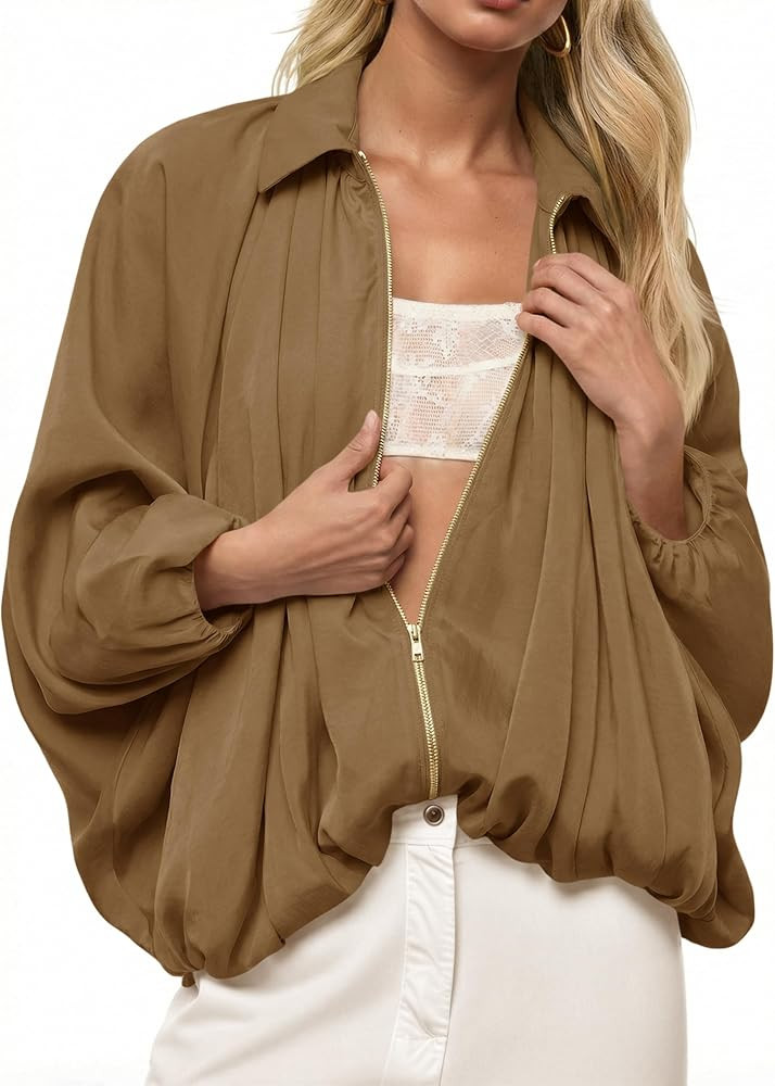 Tankaneo Womens Bomber Jackets Oversized Batwing Puffed Zip Up | Amazon (US)