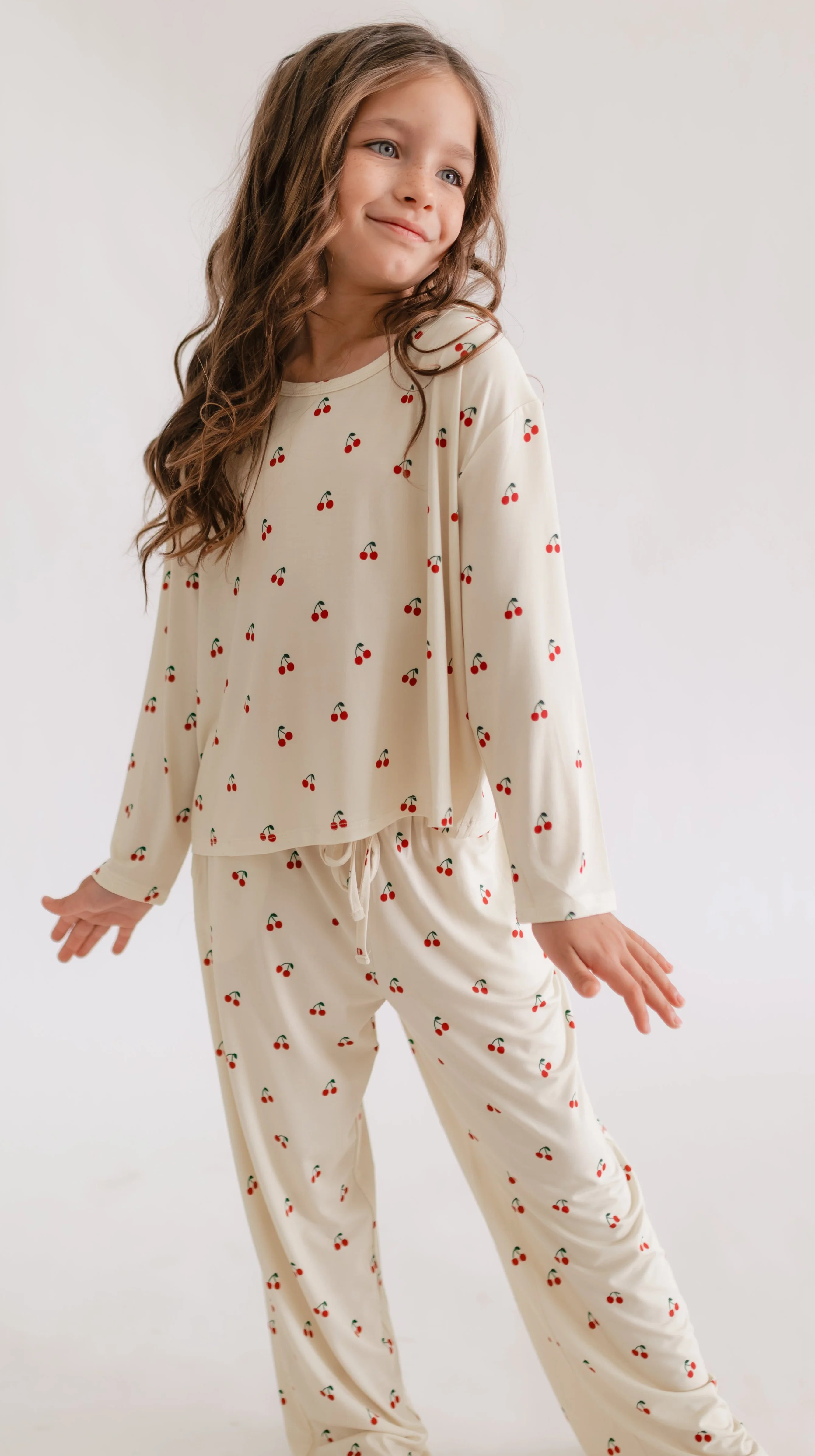 Girl's Long Sleeve and Pants Set in Cream Cherries 7/8 | Silks Design