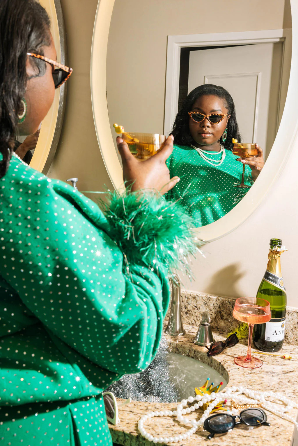 Green Scattered Rhinestone Feather Tinsel Sweatshirt | Queen of Sparkles