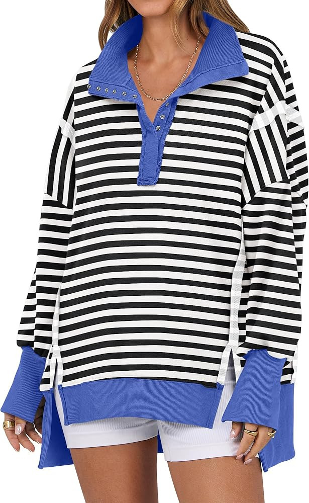 ANRABESS Women's Sweatshirts Oversized Casual Loose Button Up Henley Pullover Top High Low Split ... | Amazon (US)