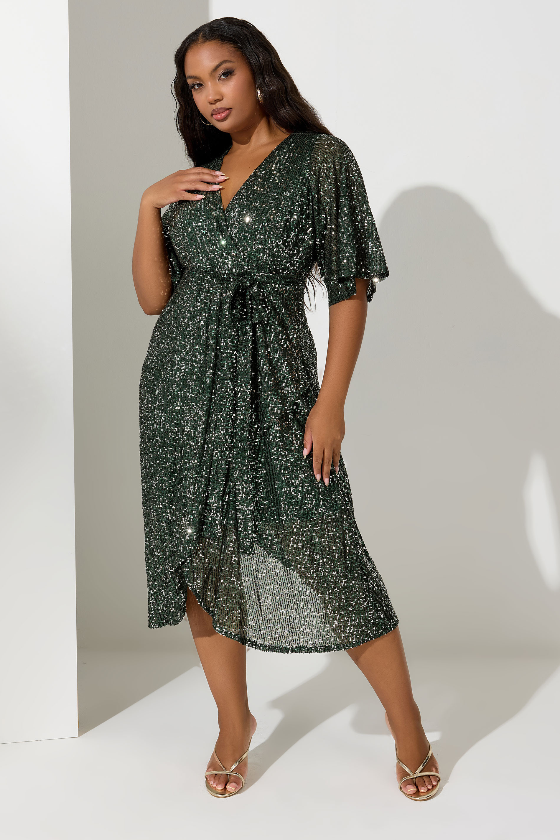YOURS LONDON Curve Green Sequin Wrap Dress | Yours Clothing UK