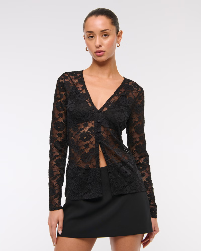 Long-Sleeve Lace Button-Through Top | Abercrombie & Fitch (US)