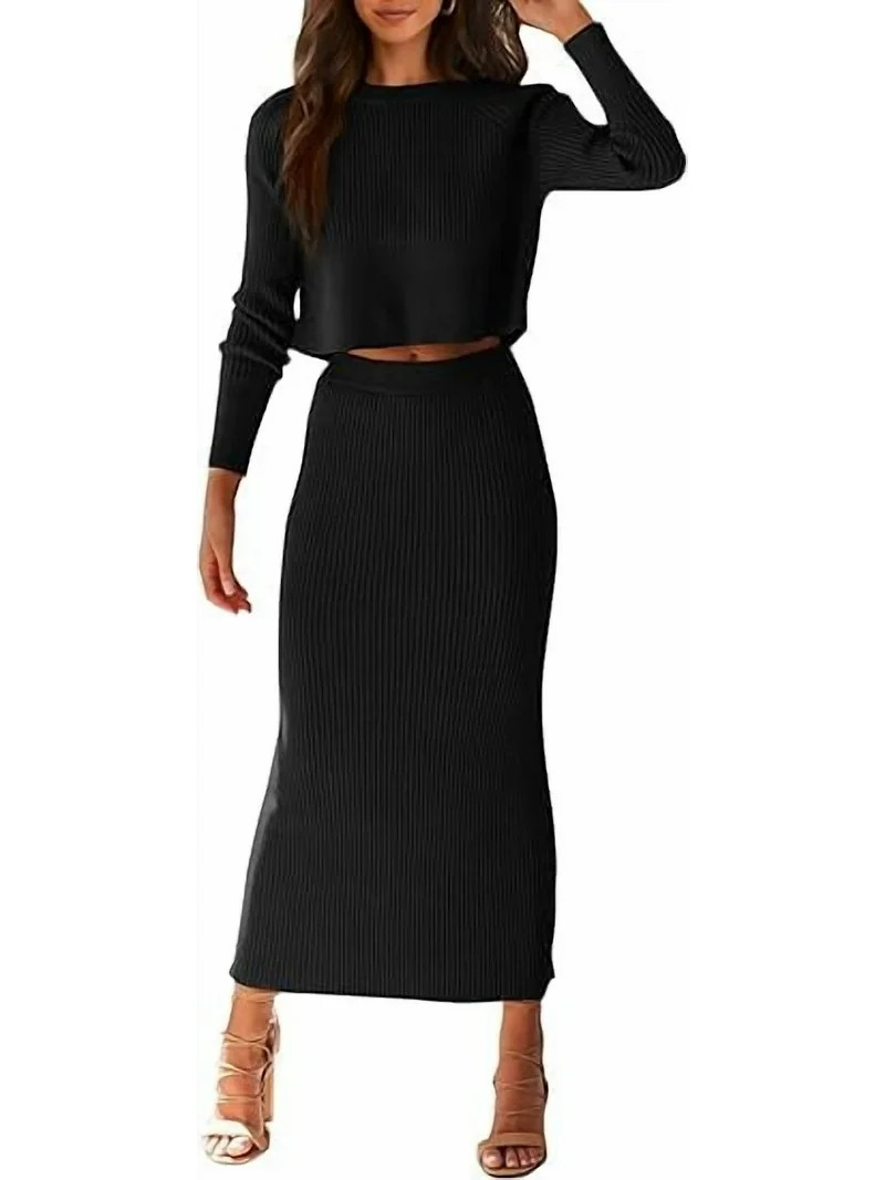 PRETTYGARDEN Women's Spring Fall 2 Piece Sweater Set Rib Knit Long Sleeve Crop Top Maxi Bodycon S... | Walmart (US)