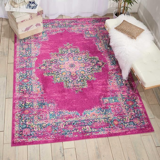 Nourison Passion Fuchsia 5'3" x 7'3" Area Rug, Boho, Traditional, Easy Cleaning, Non Shedding, Be... | Amazon (US)