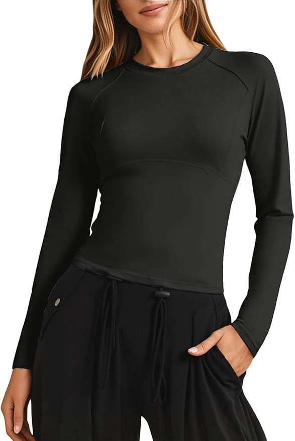 Fisoew Womens Long Sleeve Workout Tops Athletic Shirts Crew Neck Compression Yoga Active T Shirt | Amazon (US)